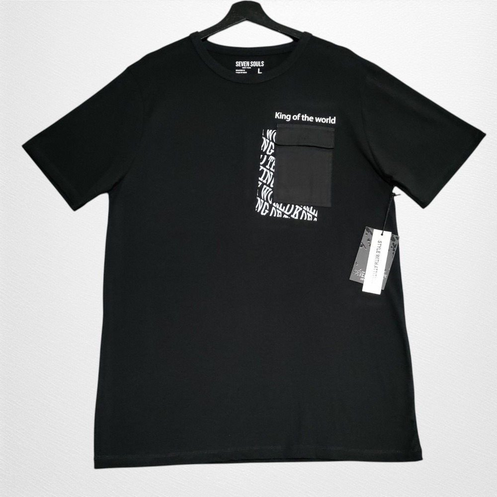 Seven Souls Pocket Tee Mens‎ Large Black King Of The World Graphic Shirt NWT $78
